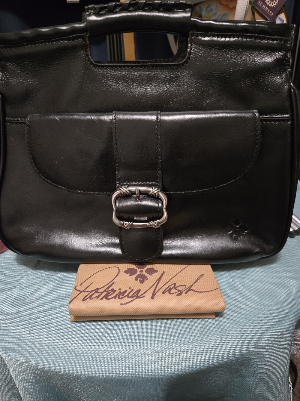 Patricia Nash Black Leather Satchel with Silver Buckle